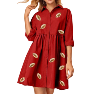 Robe longue en coton tissé à volants pour femmes, avec des patchs en sequins de football/rugby, vêtements de jour de match personnalisés OEM, été - Product Image 1