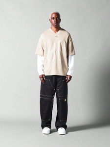 เสื้อยืดแนวสตรีทแขนยาวผ้าวาฟเฟิลสองชั้นพิมพ์ลายทางไหล่ทรงหลวมโอเวอร์ไซส์ผ้าดิบผ้าคอตตอน100% - Product Image 6