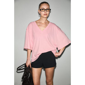 T-shirt confortable à col en V en mélange de coton biologique et de lin pour femme GRIMELANGE SYLORA - Product Image 4