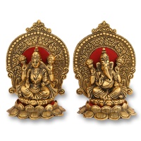 Sculpture artisanale gravée en aluminium plaqué or antique, écologique, représentant le Dieu Ganesha et Lakshmi, décoration pour Diwali