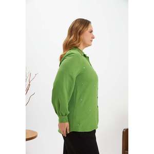 RMG Plus Size Green Stone Detail Woven Polyester Shirt for Women - Elegant Casual Long Sleeve Blouse <b>Top</b> - Product Image 5
