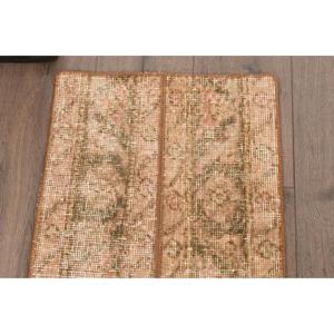 1.4x3.3 ft Small Turkish Rug, Vintage Rug, <b>Brown</b> Green Oriental <b>Wool</b> Rug - Product Image 4
