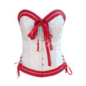 Overbust <b>Corset</b> Steel Boned White Leather Valentine Wear <b>Corset</b> With <b>Red</b> Bow and Side Hip Ties - Product Image 1