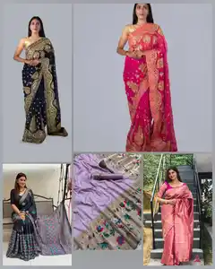 Party Wear Zijde Saree Met Designer Surat Blouse Materiaal Bollywood Indiase Sari Met Blouse Groothandelaar Black Kleur Saree
