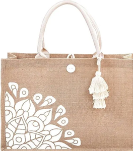 Minimalist jute and <b>faux</b> <b>leather</b> <b>tote</b> <b>bag</b>, woven texture with contrast trim, classic carryall available at wholesale prices. - Product Image 2