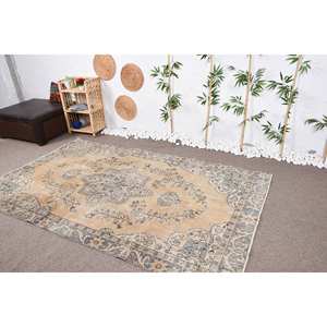 พรมตุรกีวินเทจผ้ากำมะหยี่สีเบจสีฟ้า5.4 x 8.7ft แฮนด์เมดสไตล์ทาบริซผ้าขนสัตว์โพลีเอสเตอร์เย็บปะติดปะต่อกันดีไซน์สี่เหลี่ยมโถงทางเดิน - Product Image 3