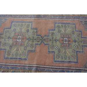 3.5x7.5 ft Vintage Turkish Rug, Area Rug, <b>Brown</b> Blue Striped <b>Wool</b> Rug - Product Image 5