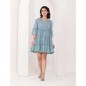 Vestido de algodón con estampado de bloques y cintura imperio, casual y transpirable, con diseño de aberturas, ideal para el día del club o días festivos. Tallas disponibles: XS-5XL. - Product Image 1