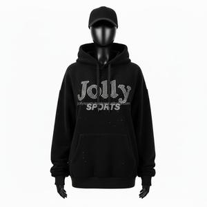 Sweat à capuche en polaire pour femme, 320 GSM, tissu noir doux avec logo personnalisé en strass sur le devant, coupe basique pour femme - Product Image 6