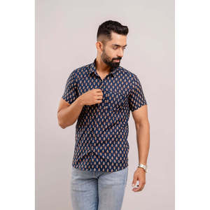 Chemise décontractée pour homme en coton bleu marine 100 % popeline tissée et lin imprimé floral ethnique à manches courtes respirante en denim - Product Image 1