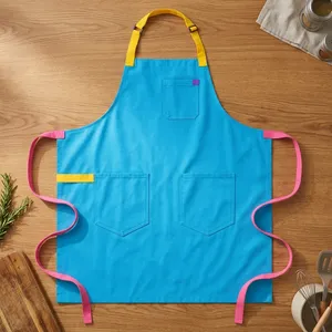 Blue Sleeveless Bib Apron with Yellow Neck Strap and <b>Pink</b> <b>Ties</b> Canvas Reusable Machine Washable Simple Style Daily Use - Product Image 1