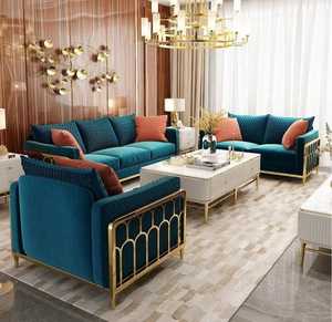 Collection de canapés design contemporains |   Ensemble de canapés en velours matelassé avec accents géométriques en métal, ensemble de canapés en velours de luxe - Product Image 6