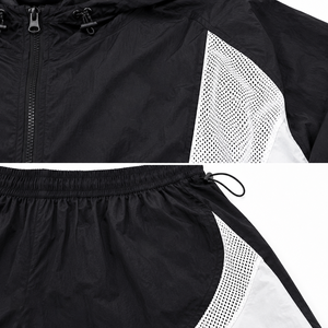 Men's <b>Black</b> White Color Block Hooded Tracksuit Lightweight Breathable Sporty Full Sleeve Zipper Jogging Suit Shorts Set - Product Image 6