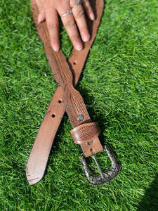 New Arrival Stylish Genuine Leather <b>Belts</b> <b>Western</b> Brown Tooled Leather <b>Belts</b> Real Handmade Tooled Leather Unisex Waist <b>Belts</b> - Product Image 2