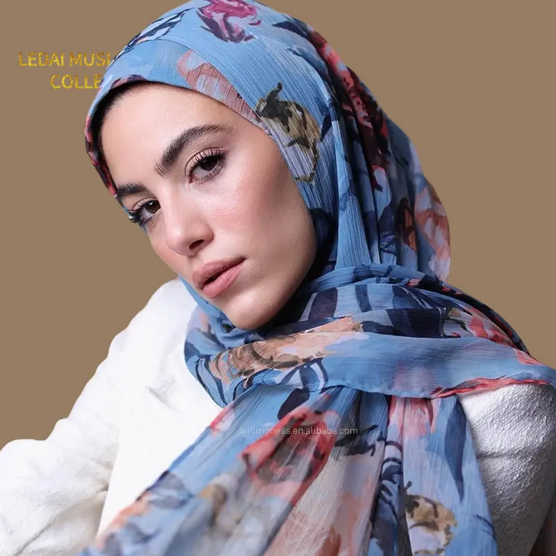 Hübsche Luxus bedruckte Seide Chiffon Schals Crêpe Seide Blumenmuster Hijab Schal für muslimische Damen Geschenk Hijab