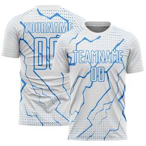 Maillot de football personnalisé blanc et bleu avec motif de foudre - T-shirt d'entraînement à séchage rapide avec impression graphique abstraite - Product Image 3