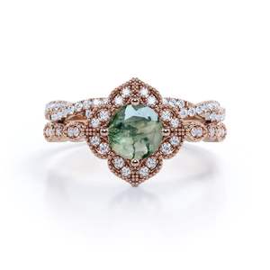 Anillo de Boda para Mujer de Plata de Ley 925 Chapado en Oro de 14k con Ágata Musgosa y Circonita Cúbica, Doble Banda Elegante para Fiestas y Regalos - Product Image 1