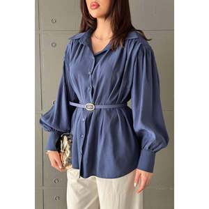 <b>Navy</b> Blue Modal Shirt with <b>Belt</b> Detail - <b>Navy</b> blue - Product Image 4