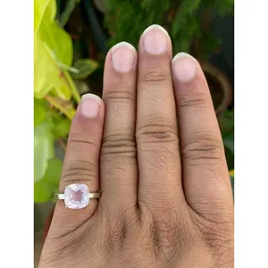 925 Silver Cushion Cut Rose <b>Quartz</b> Gemstone <b>Ring</b> Geometric Pattern with Rhodium Plating Hip-hop Style for Everyday Wear - Product Image 4
