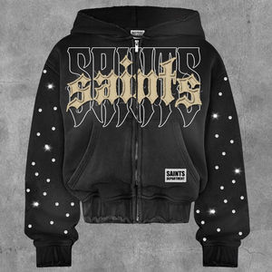 Streetwear personnalisé recadrée Boxy 450 g/m² en éponge française délavé au soleil strass à l'acide sweat à capuche zippé en coton mélangé - Product Image 4