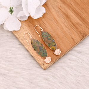 Pendientes de latón hechos a mano estilo clásico con colgante de piedra preciosa de jaspe frutal, chapado en oro rosa, diseño de diseñador para mujer, para aniversario - Product Image 3