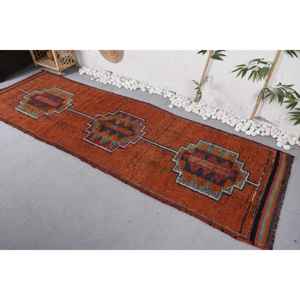 Tapis Kilim Vintage Orange Rouge avec motif Patchwork 3.1x9.8ft pour entrée chambre 10mm d'épaisseur laine Viscose matériau Latex soutenu - Product Image 4