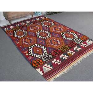 5.5x8.5 ft Rug, Vintage Turkish Rug, <b>Red</b> Kilim <b>Wool</b> Rug - Product Image 1