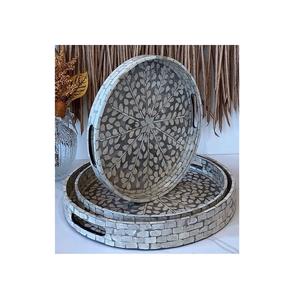 Bandeja de aperitivos de forma redonda en madera y nácar Bandeja para servir chocolate a precios razonables - Product Image 1