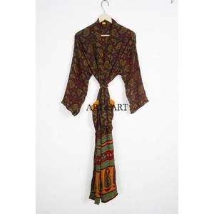 <b>Women's</b> Elegant Vintage Floral Printed Silk <b>Satin</b> V-Neck Drawstring Long Sleeve Kimono Bathrobe High Quality Soft Patchwork - Product Image 1