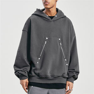 OEM High Street Hommes Hiver Oversize Heavyweight Style Hip Hop avec poches zippées et motif solide personnaliser Bouton Sweat à capuche - Product Image 5