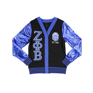 Cardigan Zeta Phi Beta con paillettes nere con maniche blu con Logo ricamato Est 1920 abbigliamento da donna Premium - Product Image 1