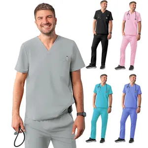 Conjunto de Uniformes Médicos Elásticos de Spandex OEM de Manga Corta para Enfermería, Top y Pantalón para Unisex - Product Image 1