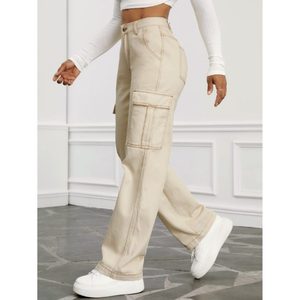 Jean cargo en denim OSCA beige, style moderne tendance, thème rétro, respirant, écologique, multi-poches (6), taille haute, coupe ample, 100% denim - Product Image 2