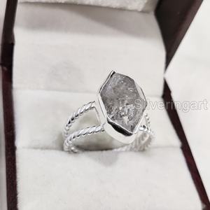 Bague pour femme en argent sterling 925 avec diamant Herkimer brut naturel, double bande torsadée, bijoux de Noël - Product Image 5
