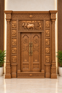 Porte de temple traditionnelle en teck avec sculptures Om et Swastika, porte de mandir indienne en bois de qualité supérieure avec sculptures complexes, USA - Product Image 4
