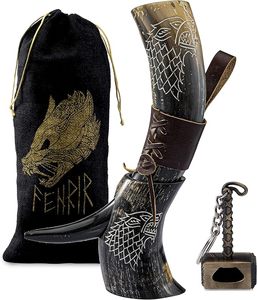 Corne à boire en buffle naturel avec support en fer - Product Image 1