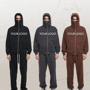 Sweat à capuche zippé surdimensionné avec logo personnalisé, ensemble de jogging, vêtements de ville d'hiver, survêtement en coton molletonné, capuche couvrant le visage de couleur unie - Product Image 2