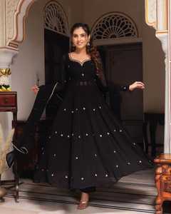 Conjunto de traje negro hecho a mano Georgette Anarkali Top hasta el suelo con decoración de encaje Patrones elegantes para el trabajo Tamaño XXXL disponible - Product Image 5