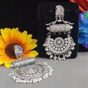 Ethnic Oxidised Silver Color Bohemian Peacock Style and <b>Pearl</b> Dangler <b>Earrings</b> for Women and Girls Perfect For Every Occasion - Product Image 1