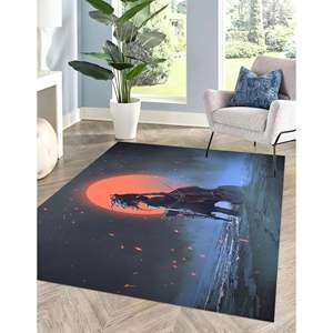 Tapis imprimé paysage nocturne, tapis en chenille, homme jouant du violoncelle en mer - Product Image 1