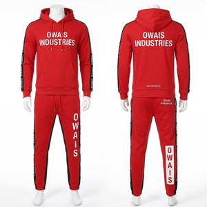 Private Logo Men's Adult <b>Pink</b>/Black Hooded Fleece Pullover <b>Tracksuit</b> Set Full-Length Pants Side Pockets 100% Cotton Breathable - Product Image 3