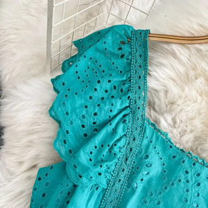 Elegant Embroidery Chiffon Hollowed <b>Dresses</b> Women Summer Holiday Ruffles Sleeveless Korean Knee-Length Straight Sweet Natural - Product Image 5