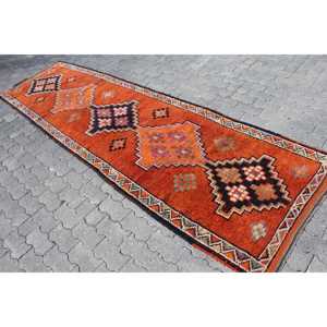Tapis de 3,3 x 11,5 pieds, tapis turc vintage, tapis persan en laine orange et bleu - Product Image 2