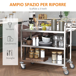 HOMCOM Carrito de Cocina 3 Estantes Abiertos 4 Ruedas Omnidireccionales con 2 Frenos Rodamientos Anticolisión 430 Acero Inoxidable Plata 85x - Product Image 4