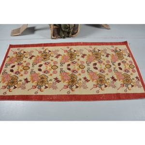 Traditional Red Beige Wool Rug 3.1 X 6.4 ft Vintage Turkish Patchwork Design Flat Weave Latex for Teen Living Room Decorations - Product Image 3