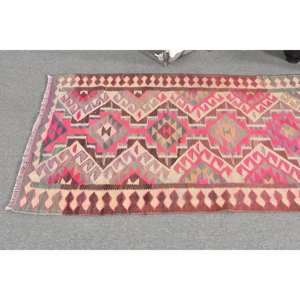 Nueva alfombra de lana rosa Kilim de 3,2X12 pies hecha a mano tejido plano turco Jacquard técnica Patchwork patrón felpa pila altura látex - Product Image 2