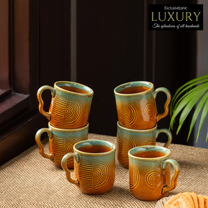 Peacock Boulevard Hand-Engraved <b>Ceramic</b> Coffee Tea <b>Cups</b> Modern 180 ML Microwave Safe Set of 6 Caramel Brown & Sea Green India - Product Image 4