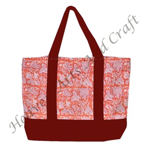 Sac fourre-tout en toile imprimé à la main avec poignée bordeaux, design floral multi-main, durable, deux bretelles, vente en gros BHCB059 - Product Image 5
