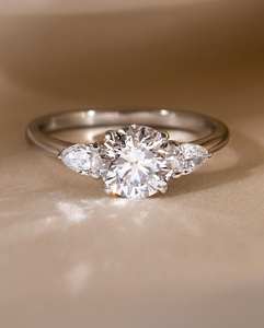 10mm Cut Diamond Engagement Ring | Three <b>Stone</b> Pear Side Stones Bridal Wedding | Sterling Silver 18K Gold Plated Minimalist Ring - Product Image 5