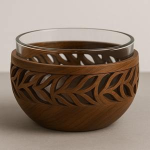Bol en bois moderne avec perforation circulaire festive élégante avec insert en verre intérieur pour la cuisine et la décoration de fête - Product Image 6